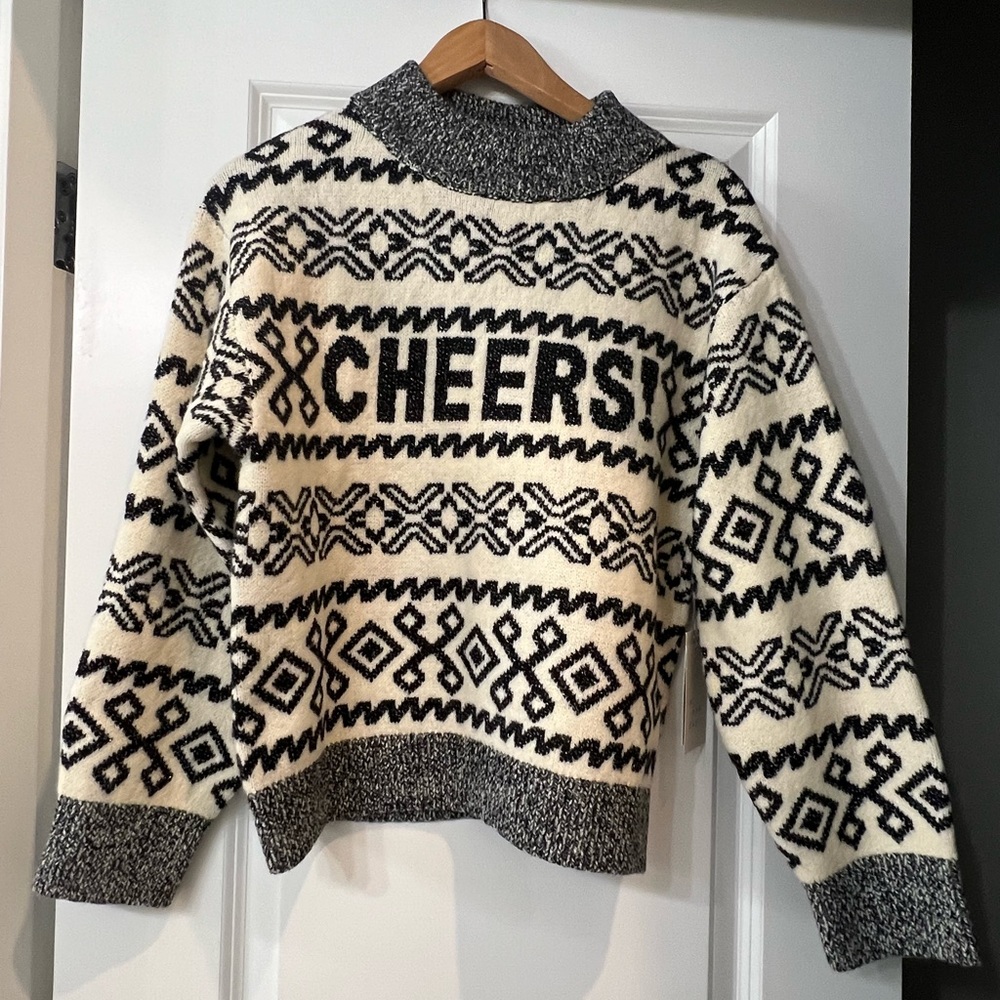 a new day Cream and Black 'CHEERS!' Patterned Crewneck Sweater